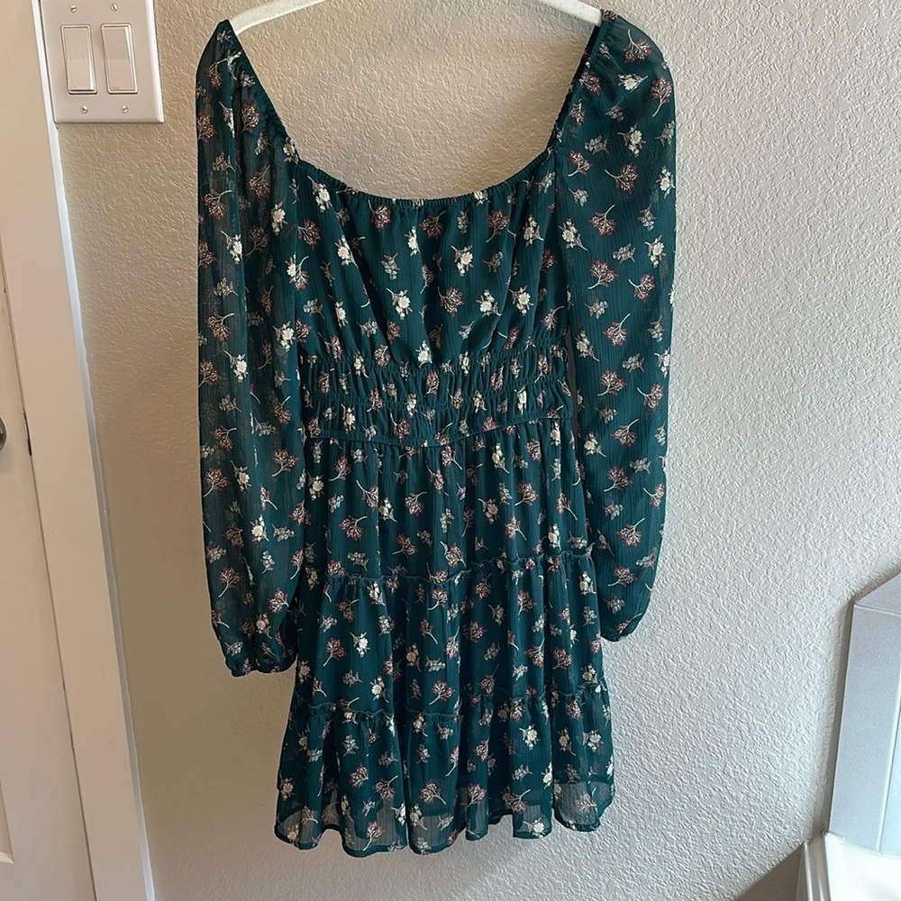 Trixxi Green Floral Babydoll long sleeve Milkmaid Mini Dress Size 3 Small